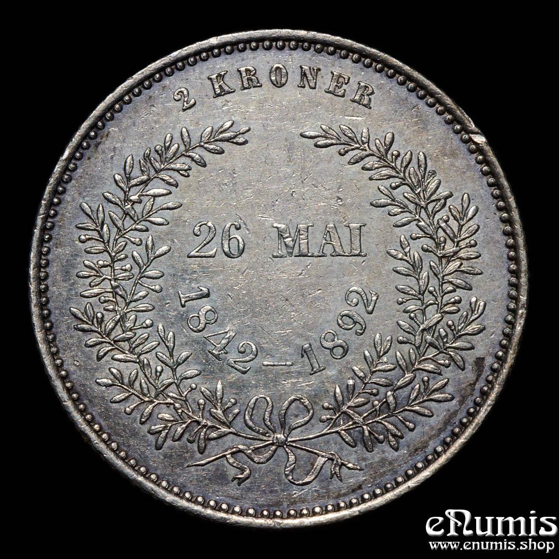 DENMARK, Christian IX, 2 Kroner 1892, Golden Wedding Anniversary, XF+