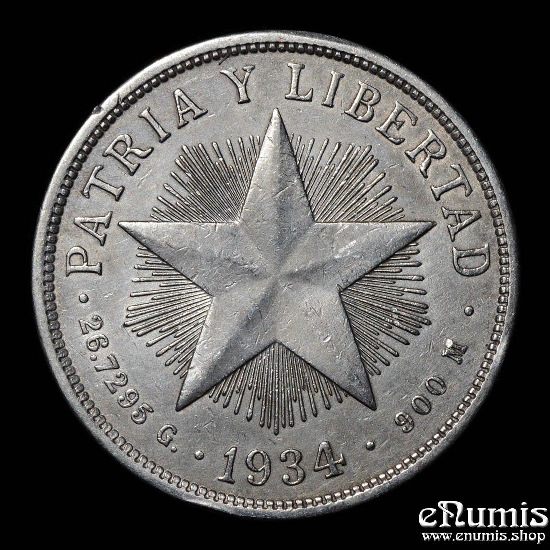 CUBA, 1 Peso 1934, silver, XF+