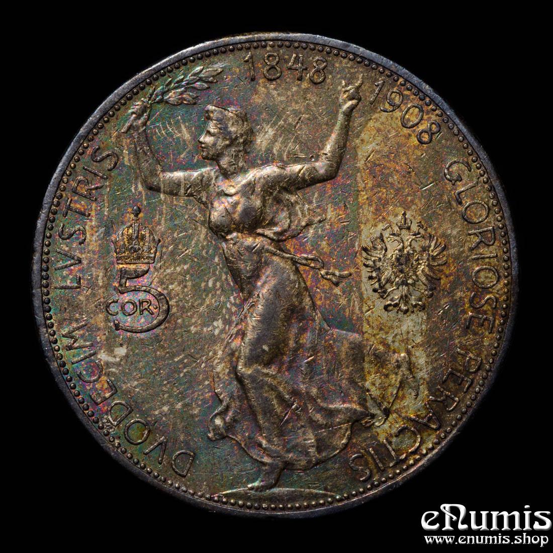 AUSTRIA, Franz Joseph I, 5 Corona 1908, 60th anniversary of reign, XF