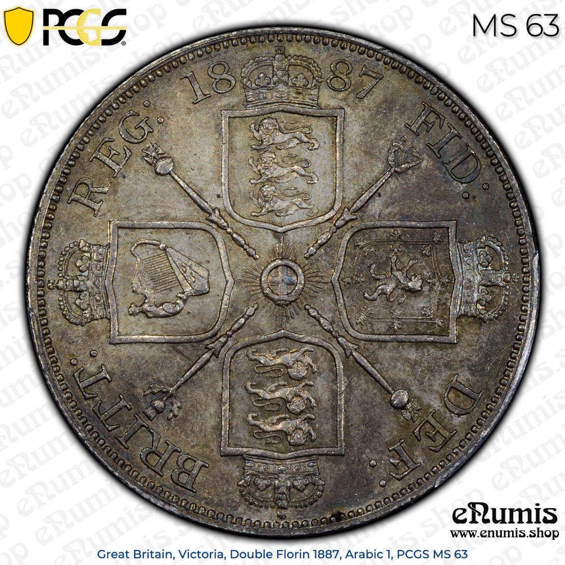 Great Britain, Victoria, Double Florin 1887, Arabic 1, PCGS MS 63
