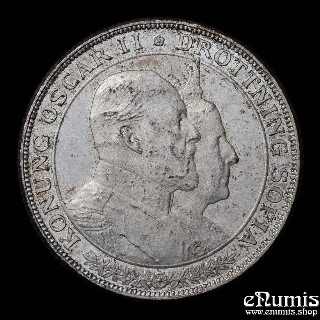 SWEDEN, Oscar II, 2 Kronor 1907, Golden Wedding Anniversary, UNC