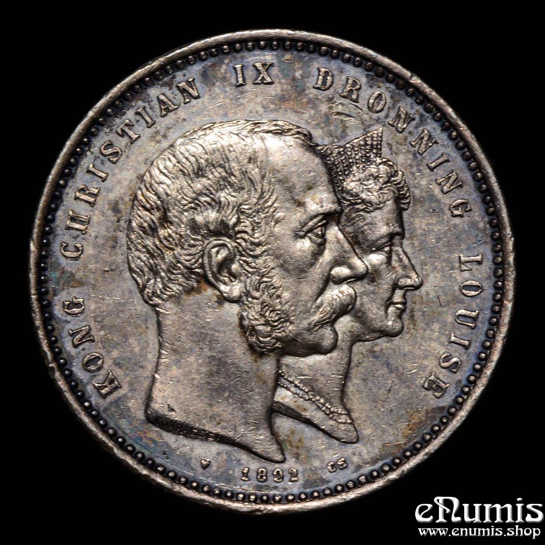 DENMARK, Christian IX, 2 Kroner 1892, Golden Wedding Anniversary, XF+