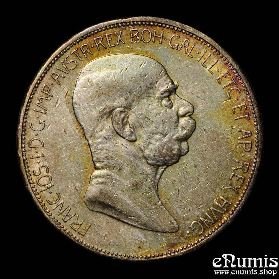 AUSTRIA, Franz Joseph I, 5 Corona 1908, 60th anniversary of reign, XF