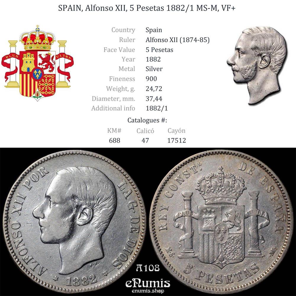 SPAIN, Alfonso XII, 5 Pesetas 1882/1 MS-M, VF+