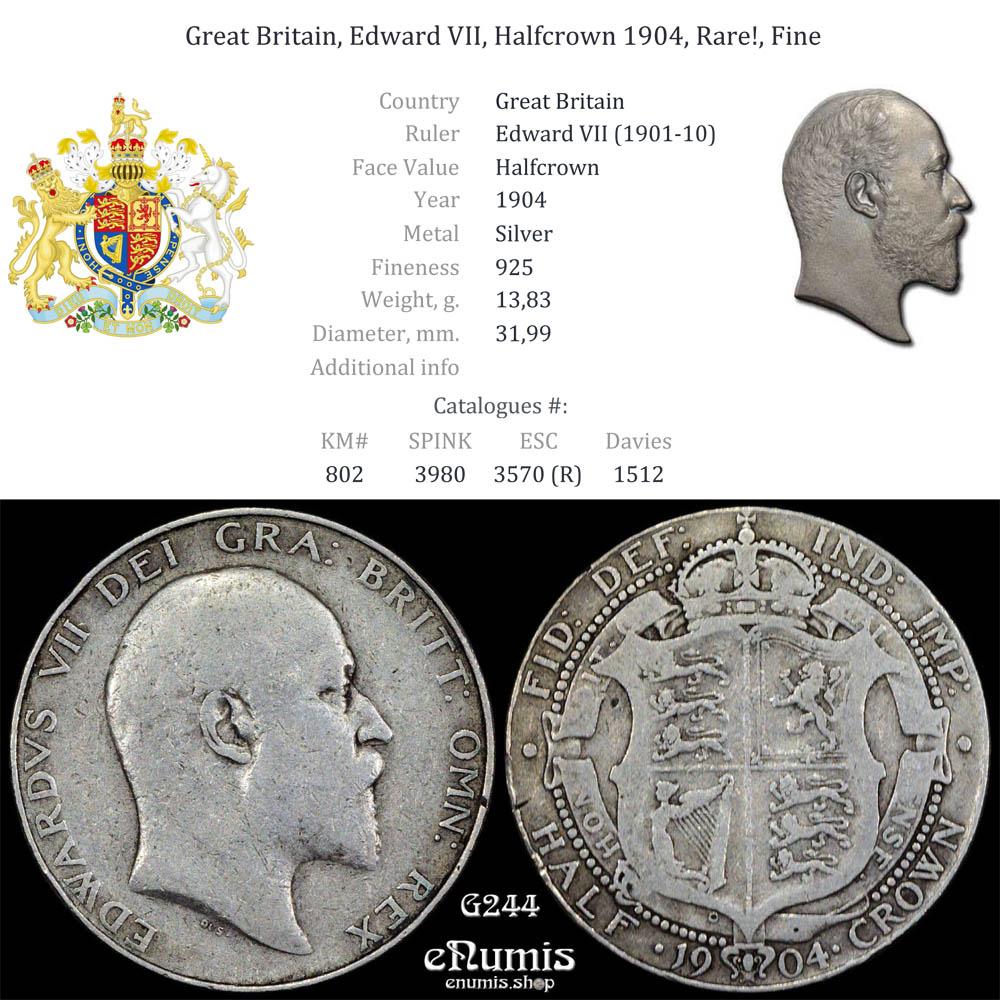 Great Britain, Edward VII, Halfcrown 1904, Rare!, Fine