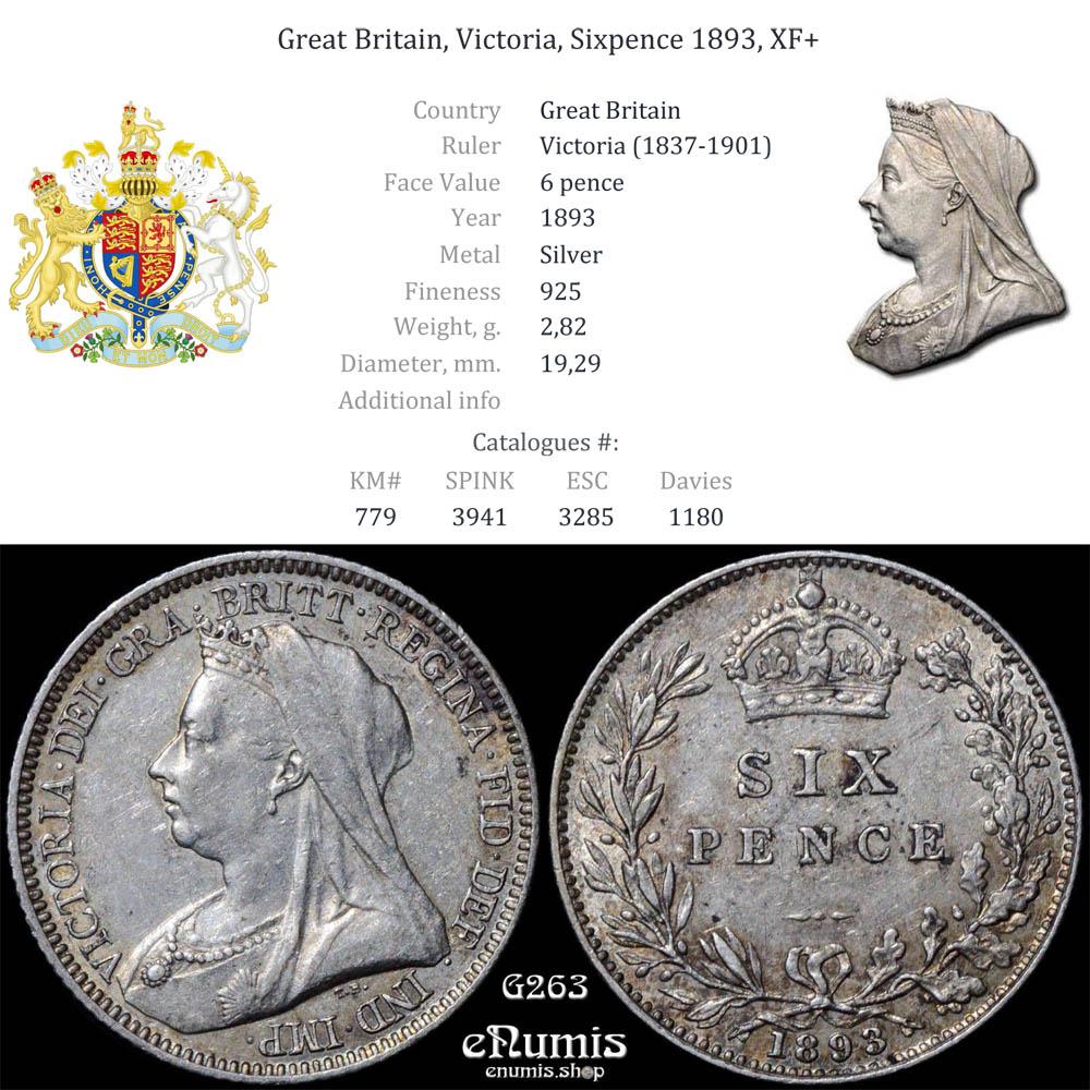 Great Britain, Victoria, Sixpence 1893, XF+ Great Britain, Victoria, Sixpence 1893, XF+