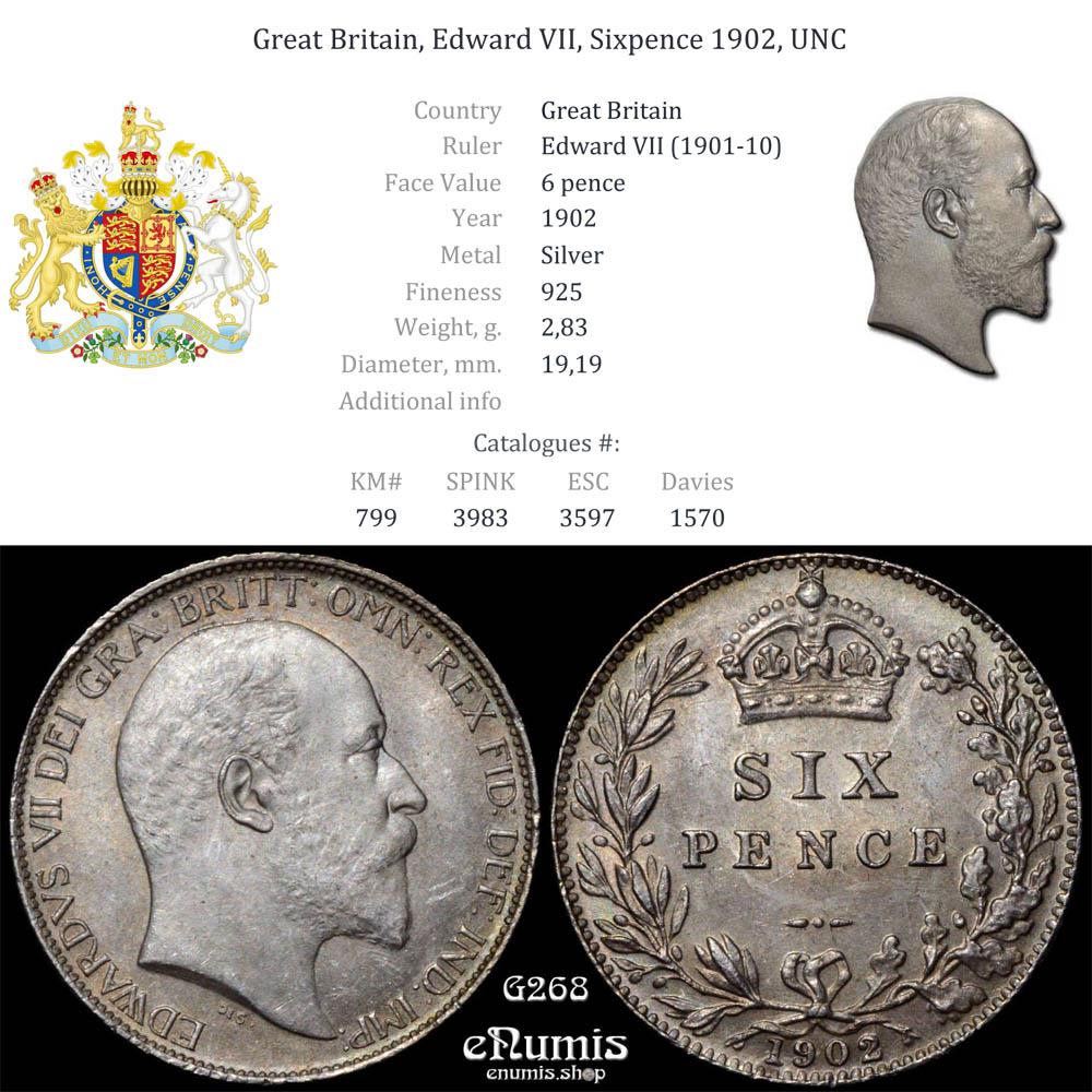 Great Britain, Edward VII, Sixpence 1902, UNC