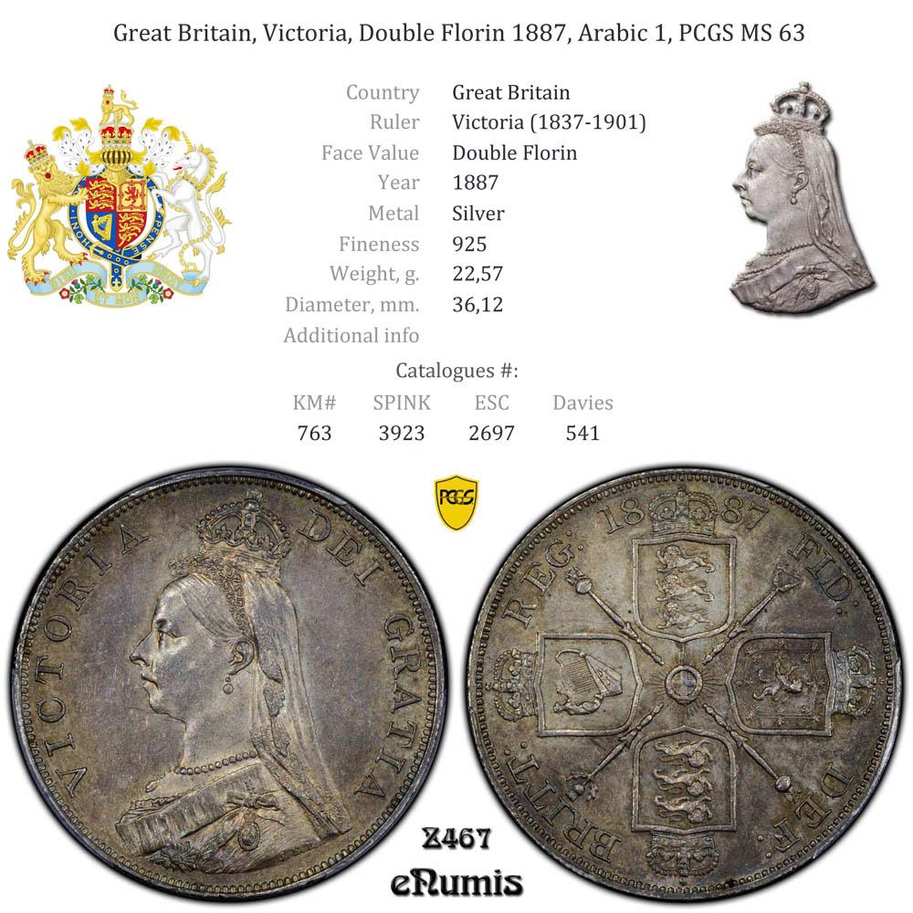 Great Britain, Victoria, Double Florin 1887, Arabic 1, PCGS MS 63