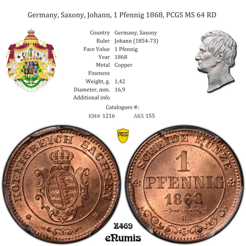 Germany, Saxony, Johann, 1 Pfennig 1868, PCGS MS 64 RD Germany, Saxony, Johann, 1 Pfennig 1868, PCGS MS 64 RD