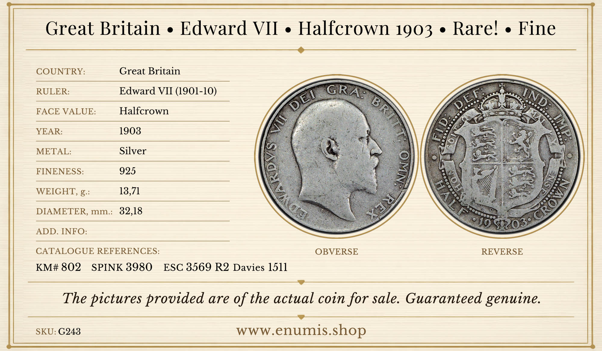 Great Britain, Edward VII, Halfcrown 1903, Rare!, Fine