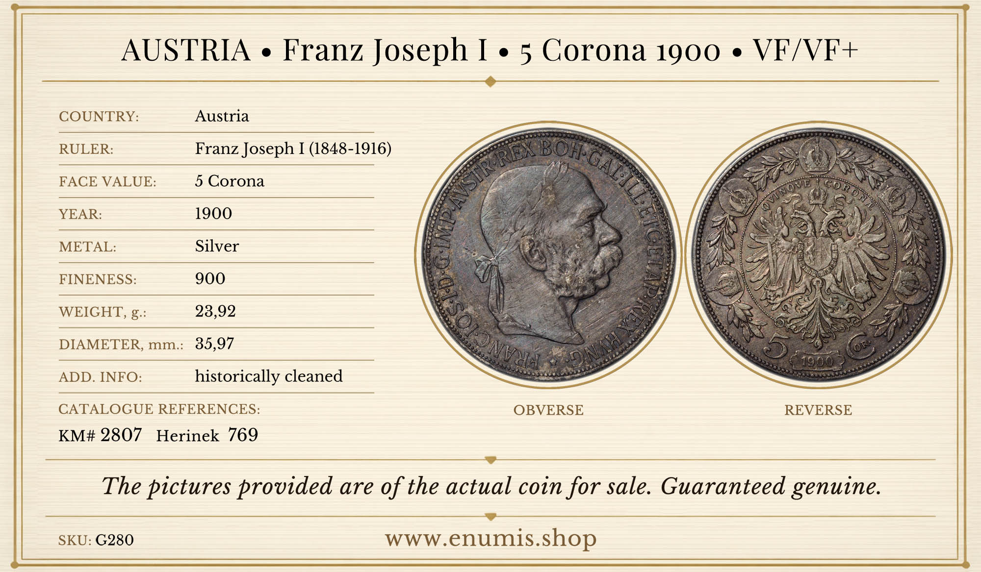 AUSTRIA, Franz Joseph I, 5 Corona 1900, VF/VF+