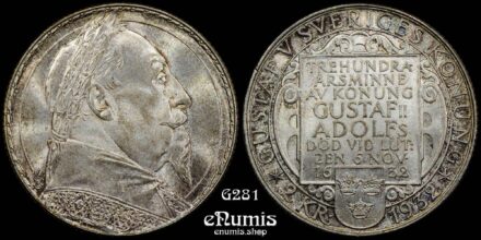 SWEDEN, Gustaf V, 2 Kronor 1932, 300th Anniversary - Death of Gustaf II, UNC