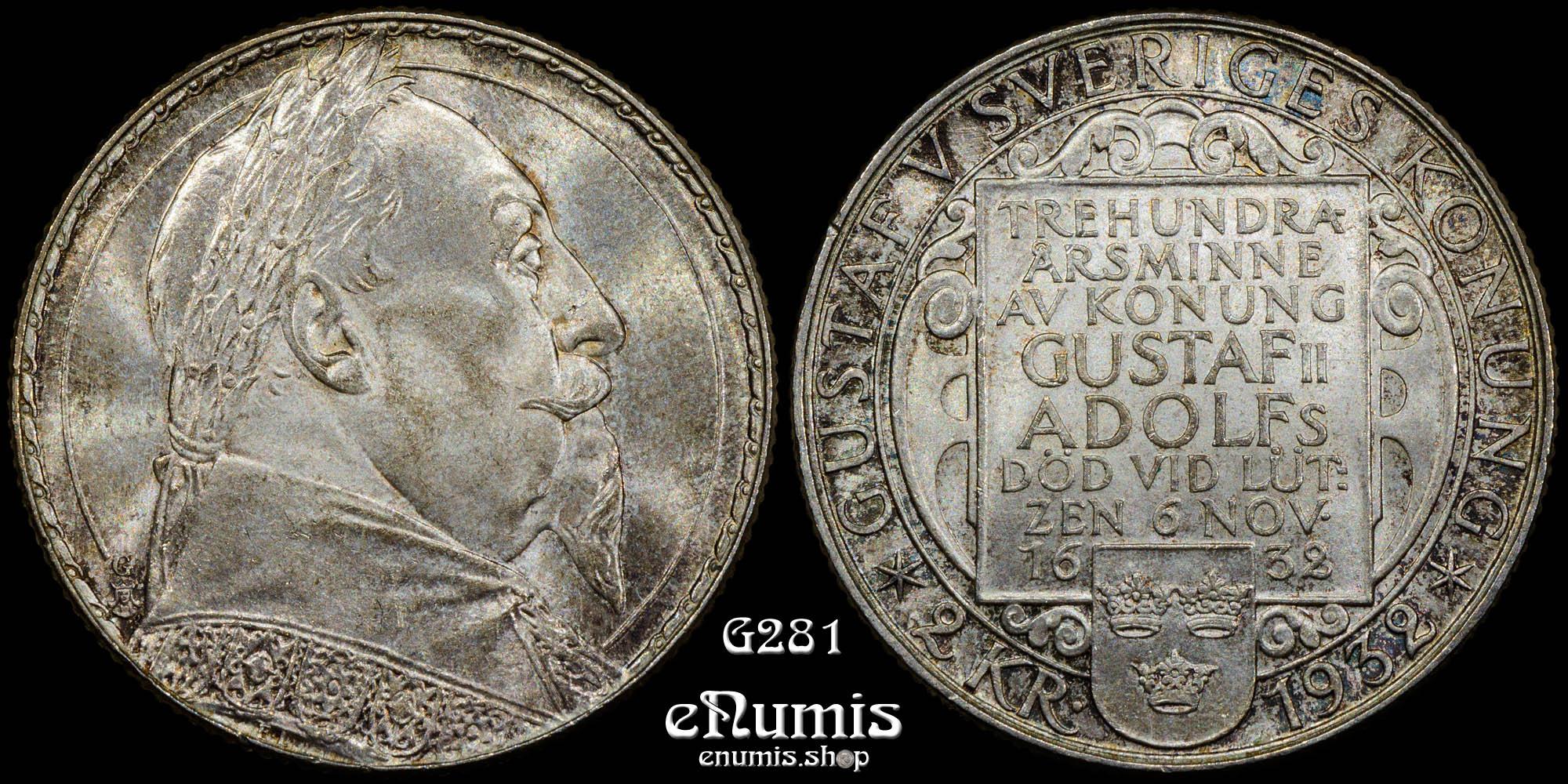 SWEDEN, Gustaf V, 2 Kronor 1932, 300th Anniversary - Death of Gustaf II, UNC