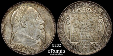 SWEDEN, Gustaf V, 2 Kronor 1932, 300th Anniversary - Death of Gustaf II, UNC