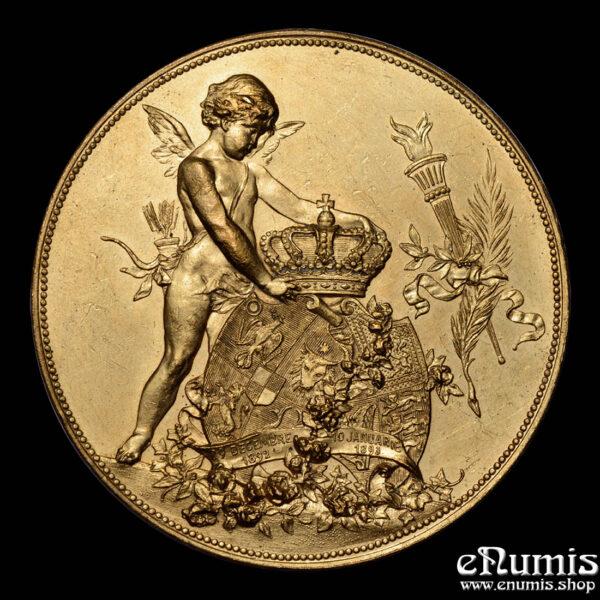 ROMANIA, Gilt Bronze Wedding Medal 1893, Carol I, Ferdinand