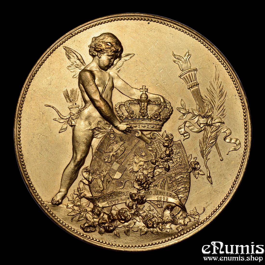 ROMANIA, Carol I, Gilt Bronze Wedding Medal 1893 by Scharff, Ferdinand & Maria