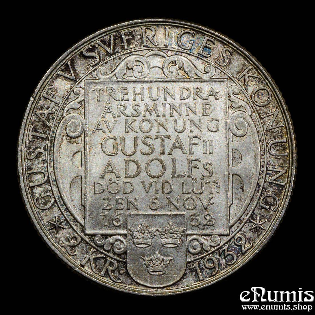 SWEDEN, Gustaf V, 2 Kronor 1932, 300th Anniversary - Death of Gustaf II, UNC