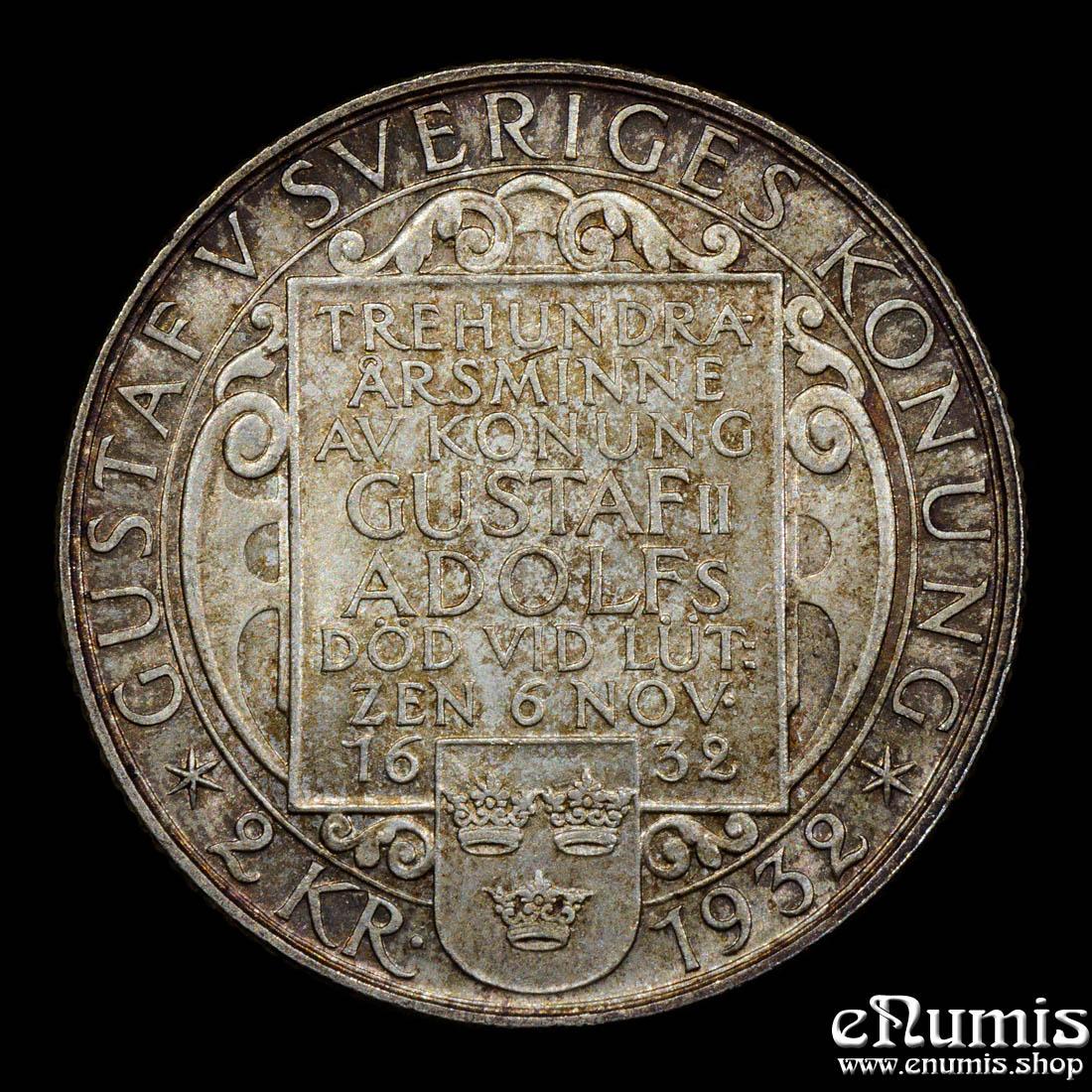 SWEDEN, Gustaf V, 2 Kronor 1932, 300th Anniversary - Death of Gustaf II, UNC
