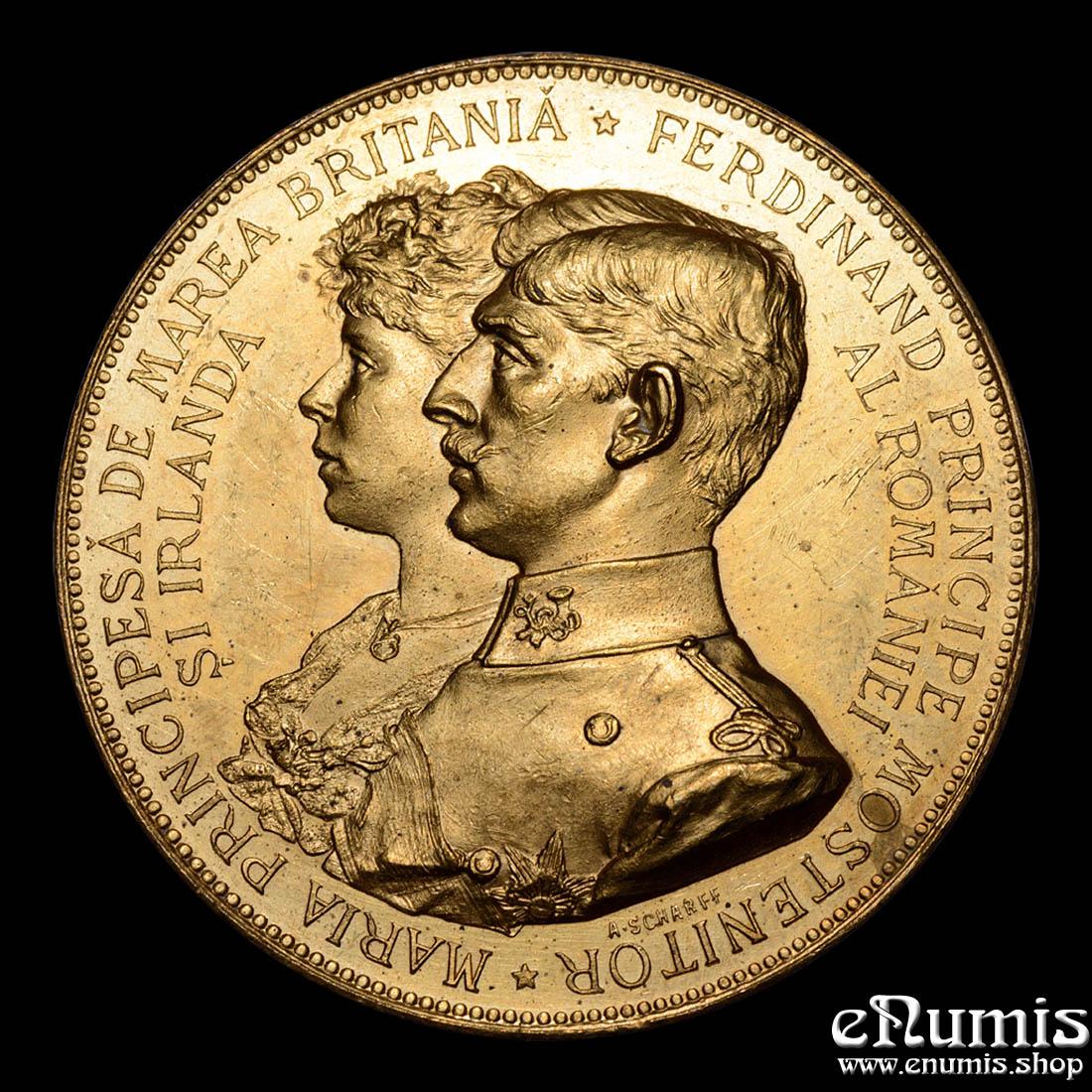 ROMANIA, Carol I, Gilt Bronze Wedding Medal 1893 by Scharff, Ferdinand & Maria