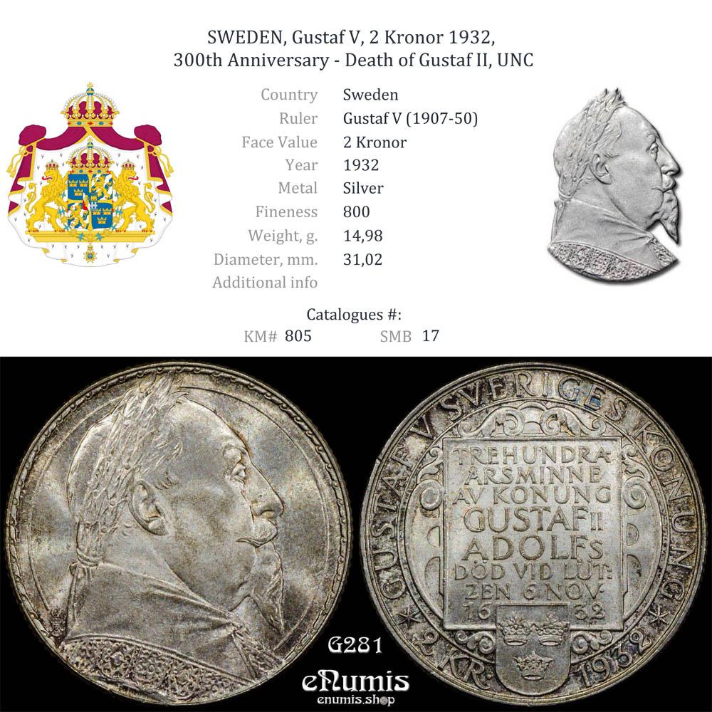SWEDEN, Gustaf V, 2 Kronor 1932, 300th Anniversary - Death of Gustaf II, UNC