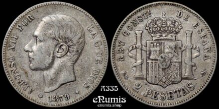 SPAIN, Alfonso XII, 2 Pesetas 1879 EM-M, VF+