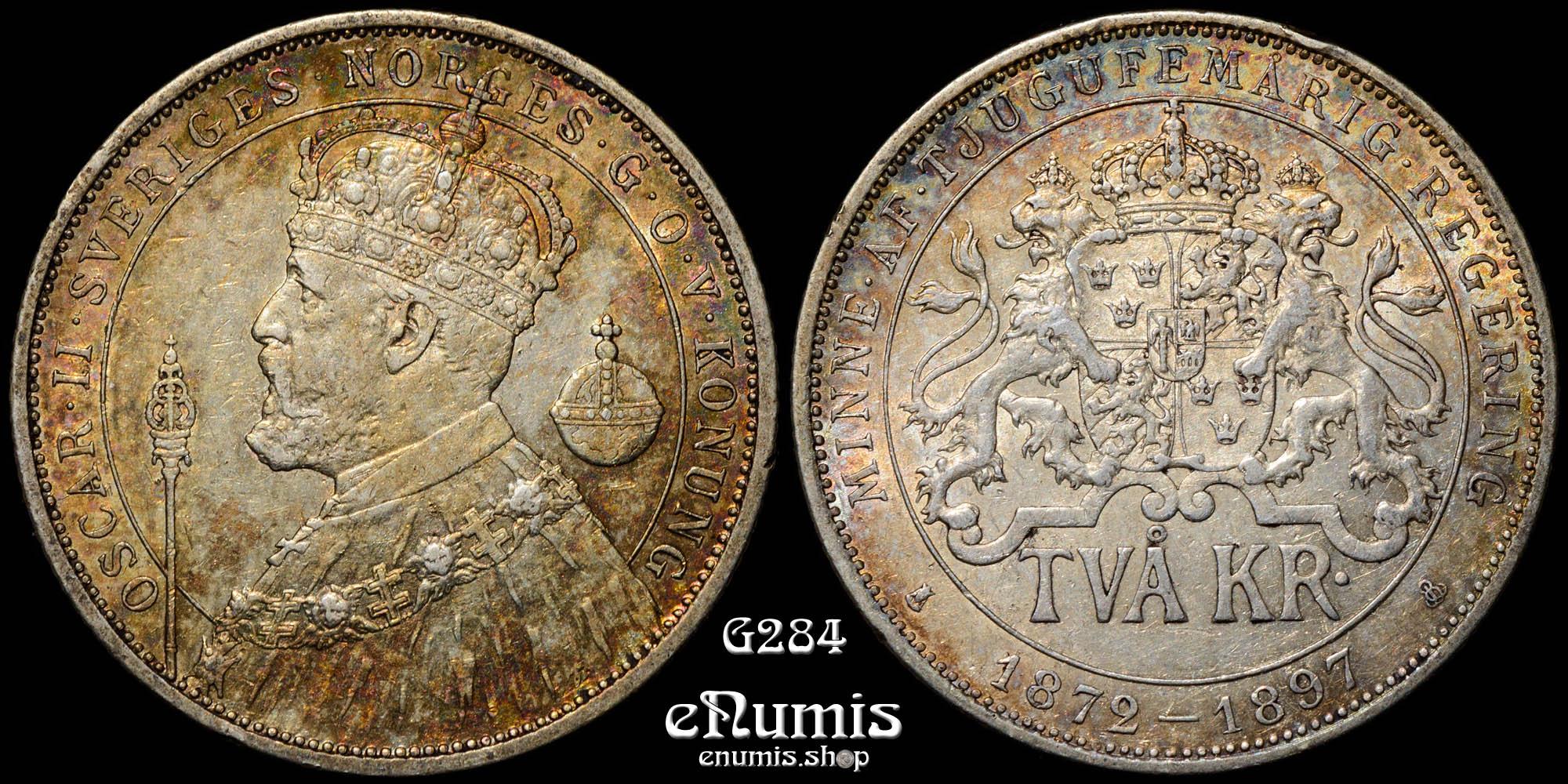 SWEDEN, Oscar II, 2 Kronor 1897, Silver Jubilee, XF SWEDEN, Oscar II, 2 Kronor 1897, Silver Jubilee, XF
