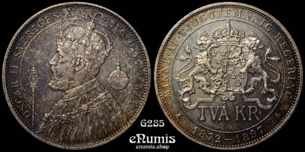 Sweden, Oscar II, 2 Kronor 1897, Silver Jubilee, XF+ • eNumis