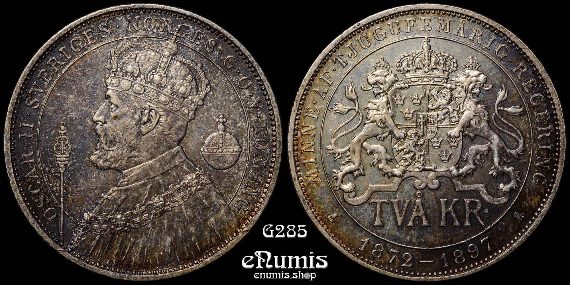 SWEDEN, Oscar II, 2 Kronor 1897, Silver Jubilee, XF+