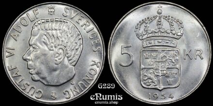 SWEDEN, Gustaf VI Adolf, 5 Kronor 1954, silver, UNC