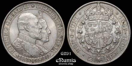 SWEDEN, Oscar II, 2 Kronor 1907, Golden Wedding Anniversary, UNC
