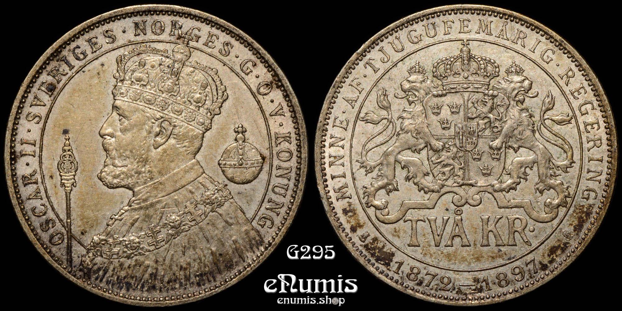 SWEDEN, Oscar II, 2 Kronor 1897, Silver Jubilee, aUNC