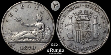 SPAIN, Provisional Government, 5 Pesetas 1870 SN-M, Oriental Countermark, VF+