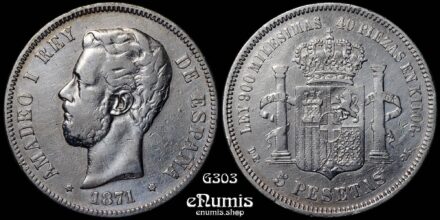 SPAIN, Amadeo I, 5 Pesetas 1871 (1875) DE-M, VF