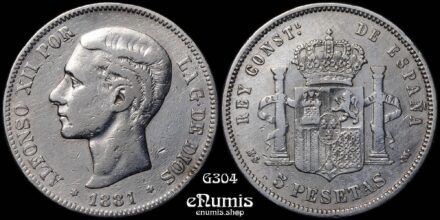 SPAIN, Alfonso XII, 5 Pesetas 1881 MS-M, Scarce, VF