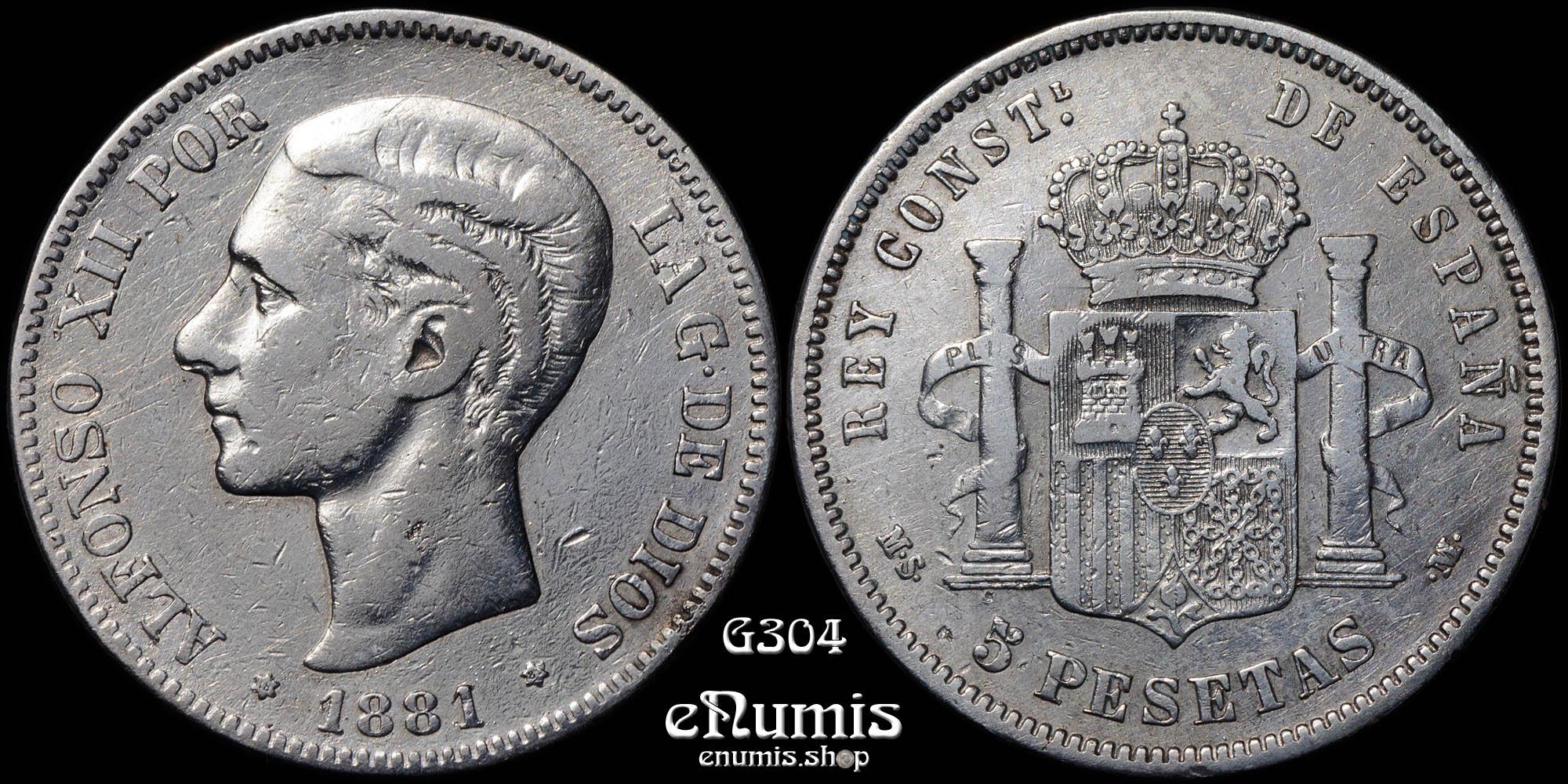 SPAIN, Alfonso XII, 5 Pesetas 1881 MS-M, Scarce, VF SPAIN, Alfonso XII, 5 Pesetas 1881 MS-M, Scarce, VF