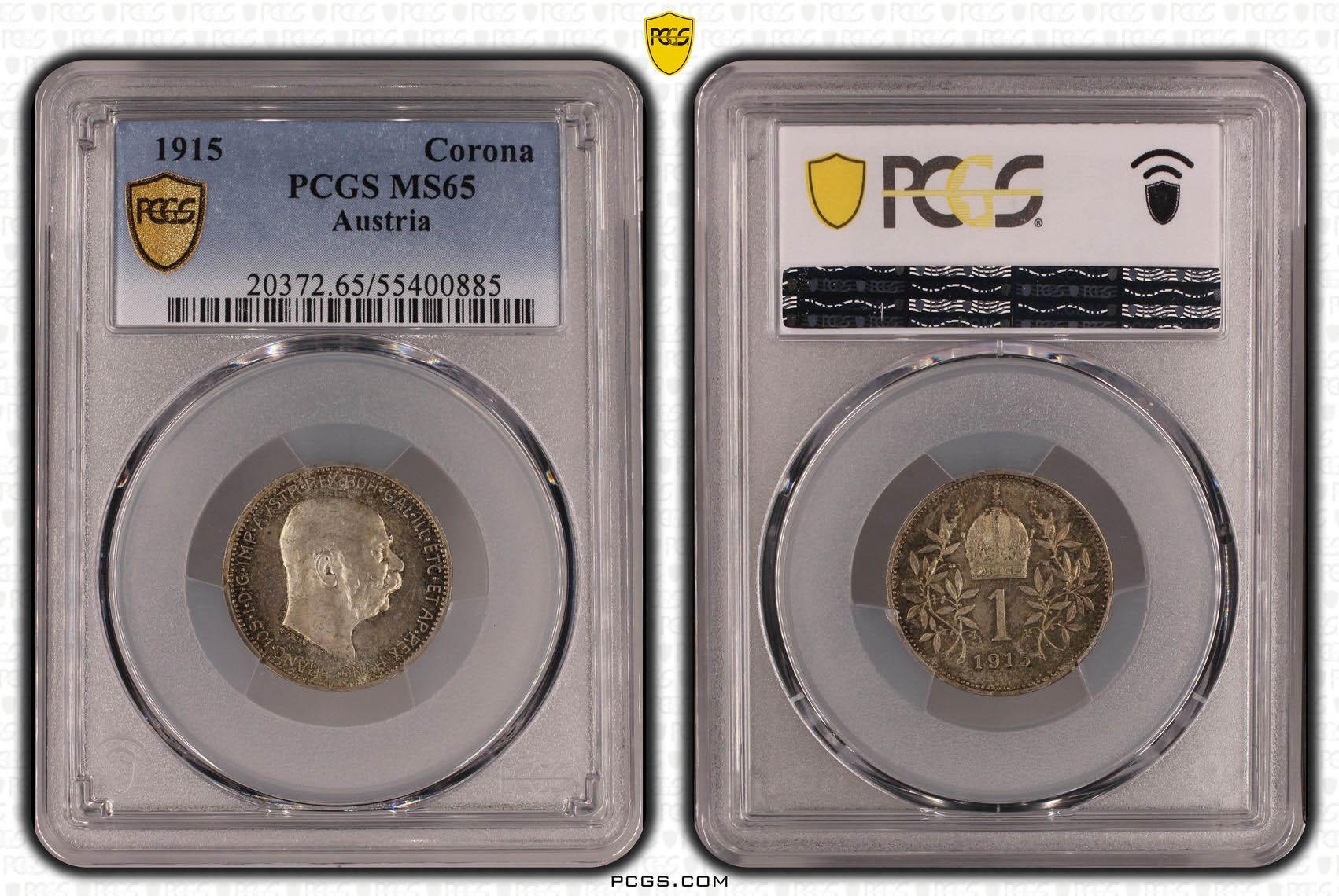 AUSTRIA, Franz Joseph I, 1 Corona 1915, PCGS MS 65 AUSTRIA, Franz Joseph I, 1 Corona 1915, PCGS MS 65