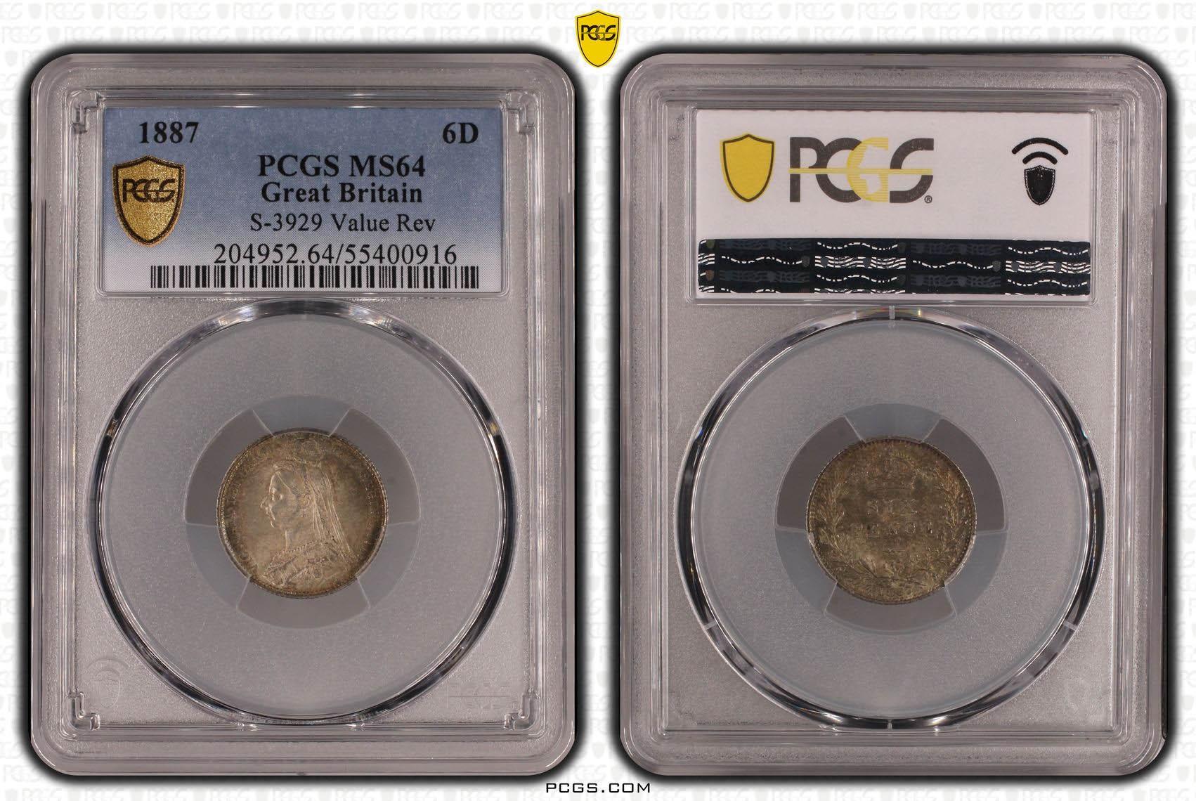 Great Britain, Victoria, Sixpence 1887, wreath type, PCGS MS 64 Great Britain, Victoria, Sixpence 1887, wreath type, PCGS MS 64