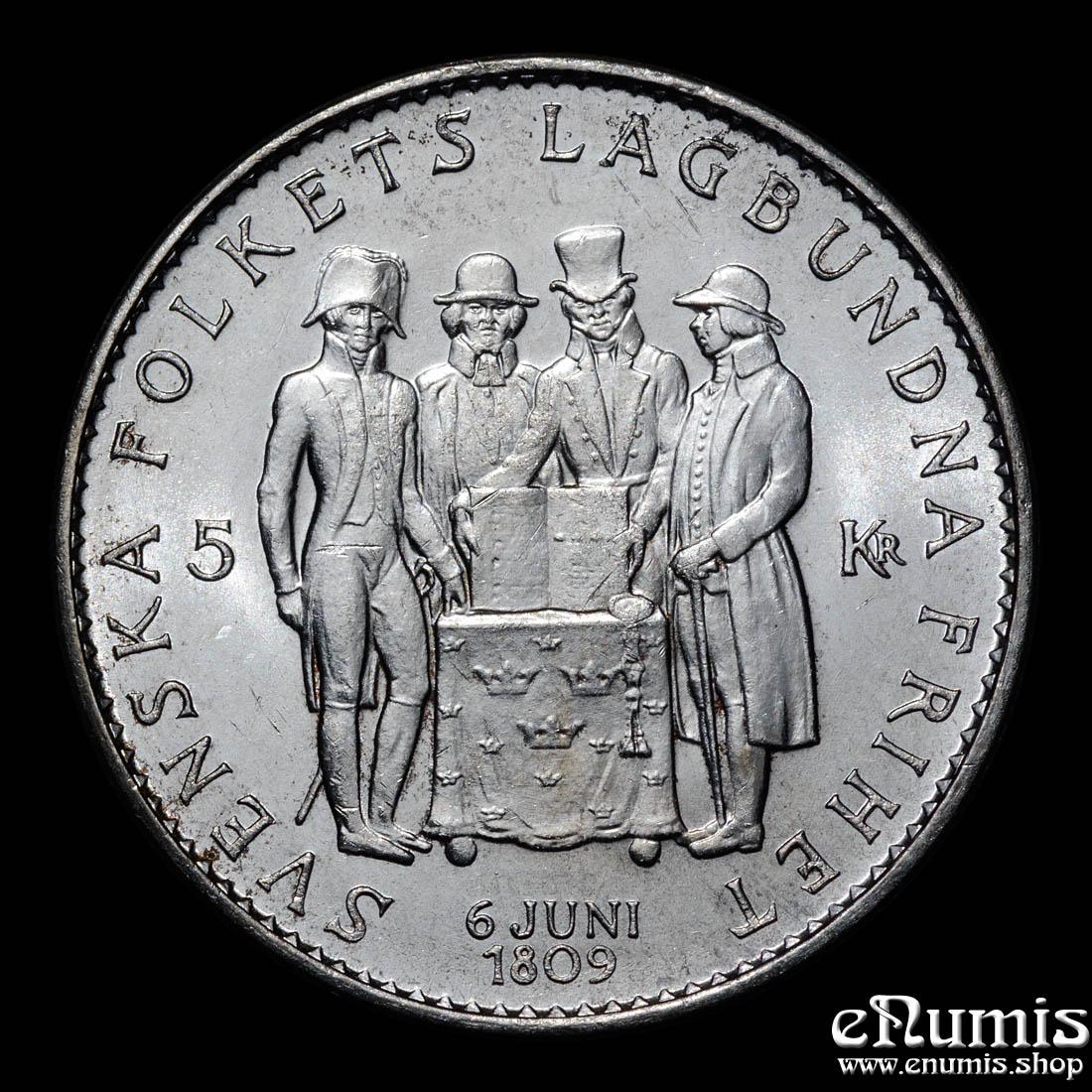 SWEDEN, Gustaf VI Adolf, 5 Kronor 1959, Constitution Sesquicentennial, UNC SWEDEN, Gustaf VI Adolf, 5 Kronor 1959, Constitution Sesquicentennial, UNC