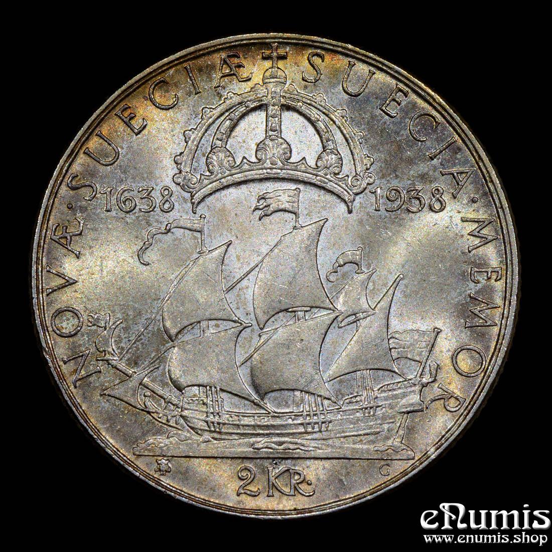 SWEDEN, Gustaf V, 2 Kronor 1938, 300th Anniversary - Settlement of Delaware, UNC