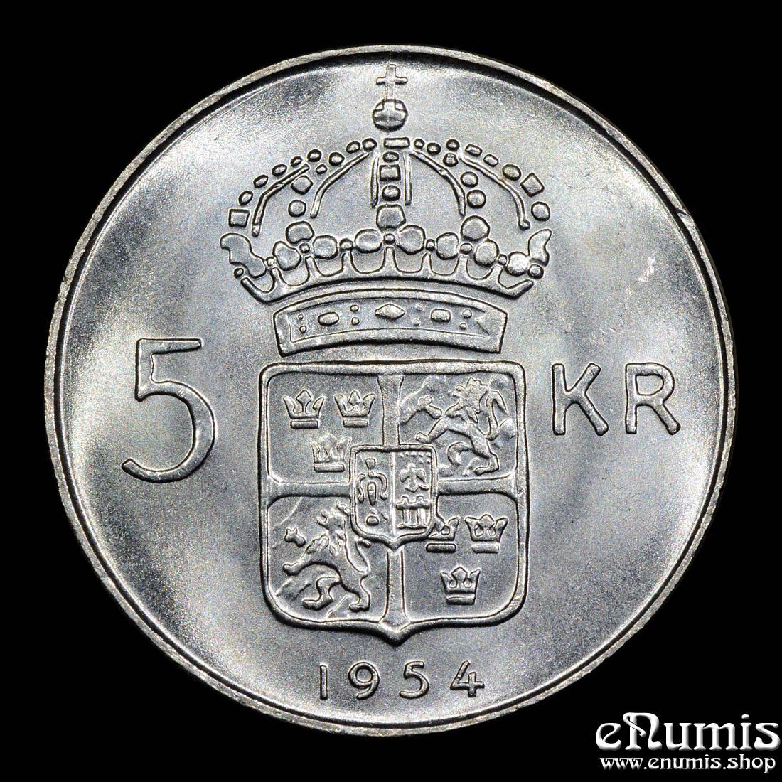 SWEDEN, Gustaf VI Adolf, 5 Kronor 1954, silver, UNC SWEDEN, Gustaf VI Adolf, 5 Kronor 1954, silver, UNC