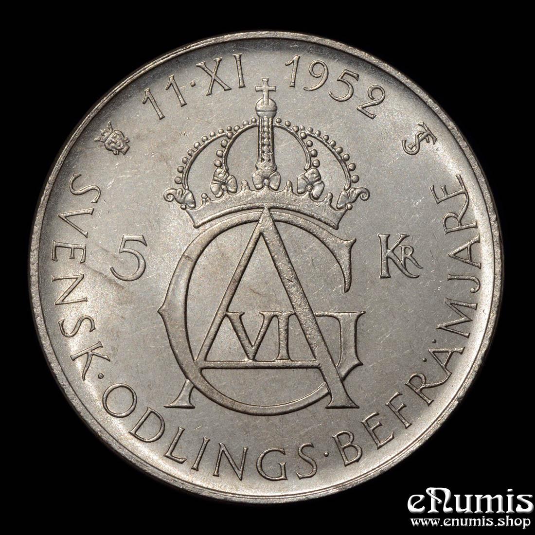 SWEDEN, Gustaf VI Adolf, 5 Kronor 1952, 70th Birthday, UNC