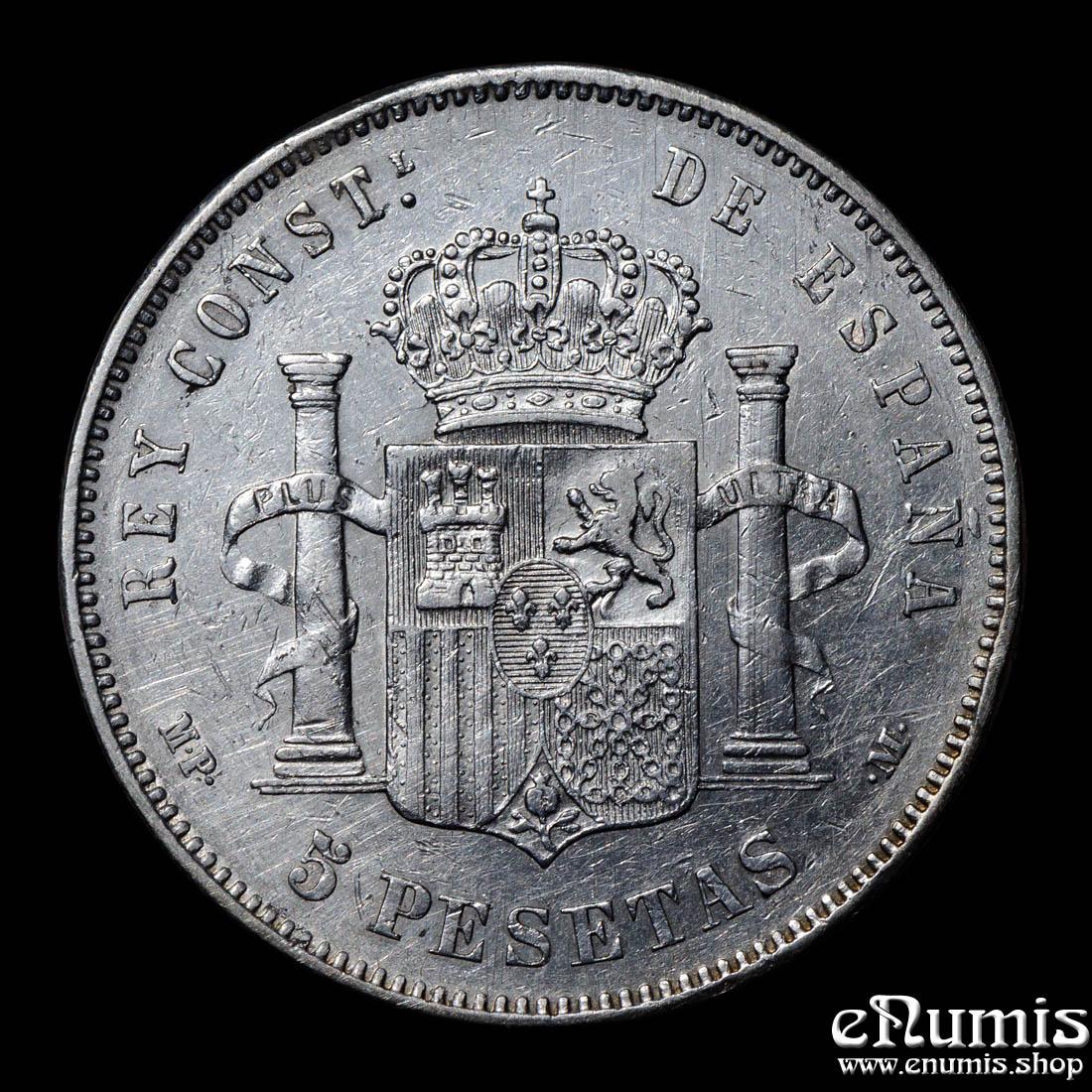 SPAIN, Alfonso XII, 5 Pesetas 1885 (1887) MP-M, Scarce, VF-XF