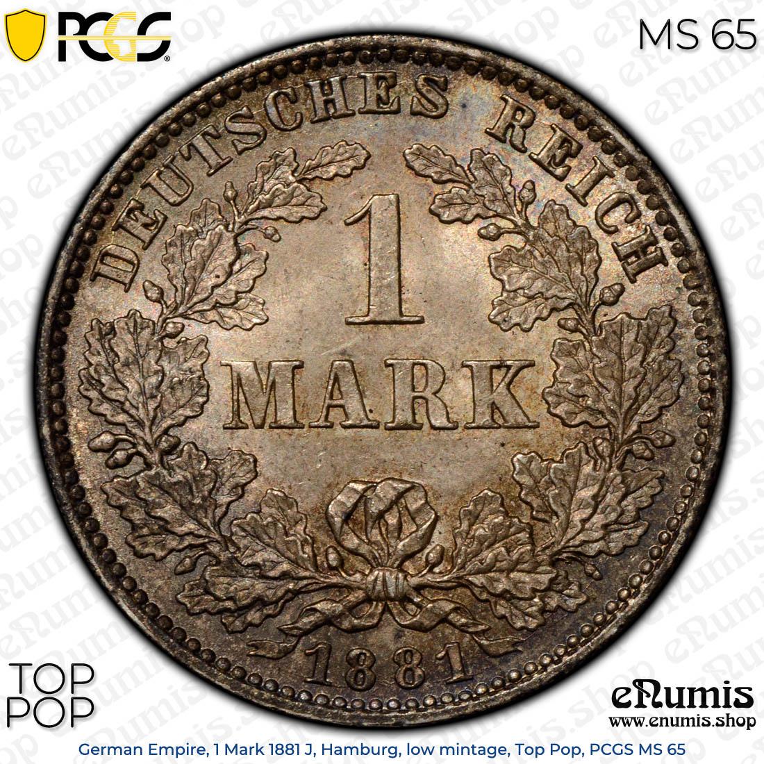 German Empire, 1 Mark 1881 J, Hamburg, low mintage, Top Pop, PCGS MS 65