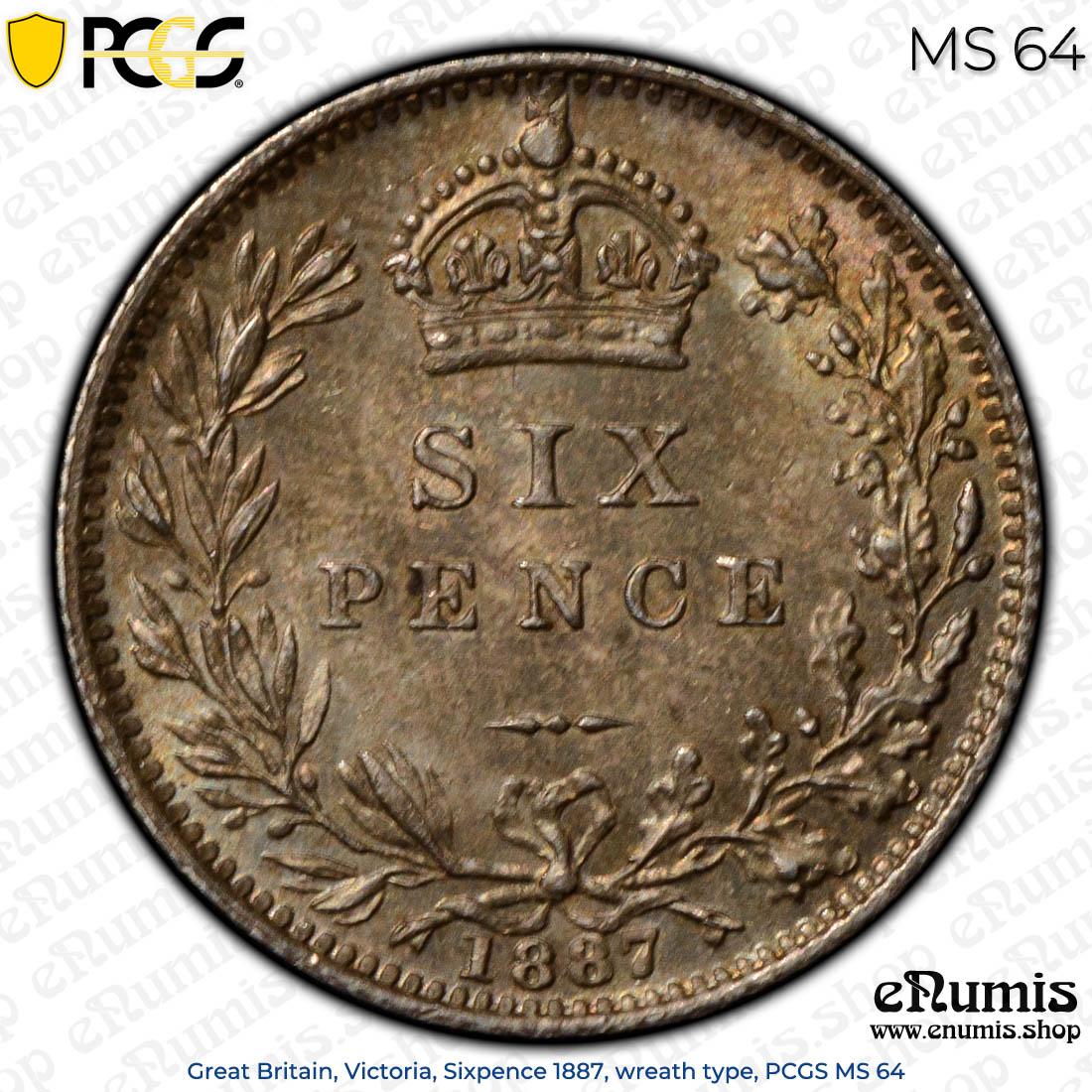 Great Britain, Victoria, Sixpence 1887, wreath type, PCGS MS 64 Great Britain, Victoria, Sixpence 1887, wreath type, PCGS MS 64