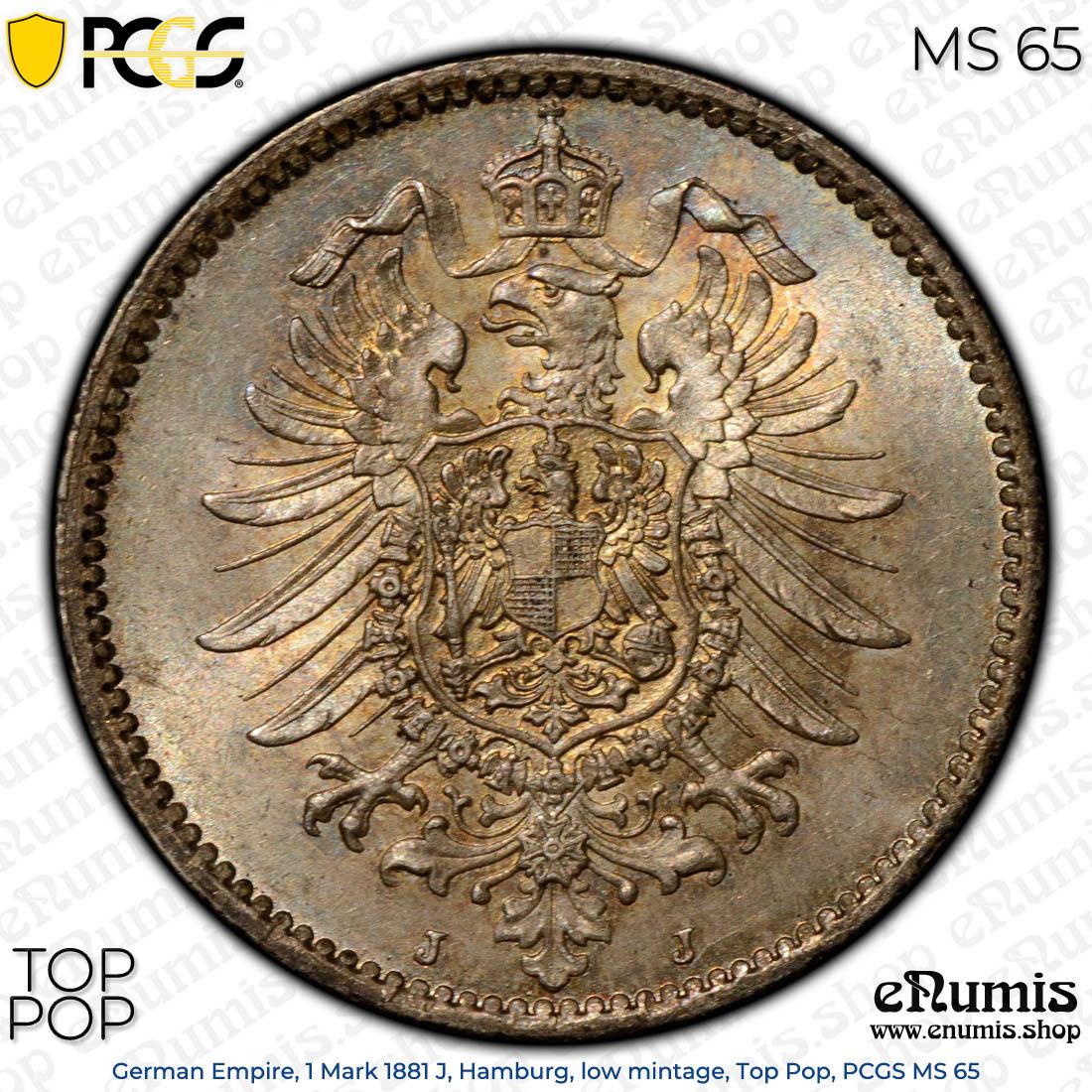 German Empire, 1 Mark 1881 J, Hamburg, low mintage, Top Pop, PCGS MS 65