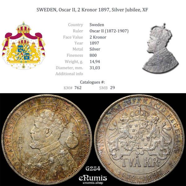 SWEDEN, Oscar II, 2 Kronor 1897, Silver Jubilee, XF