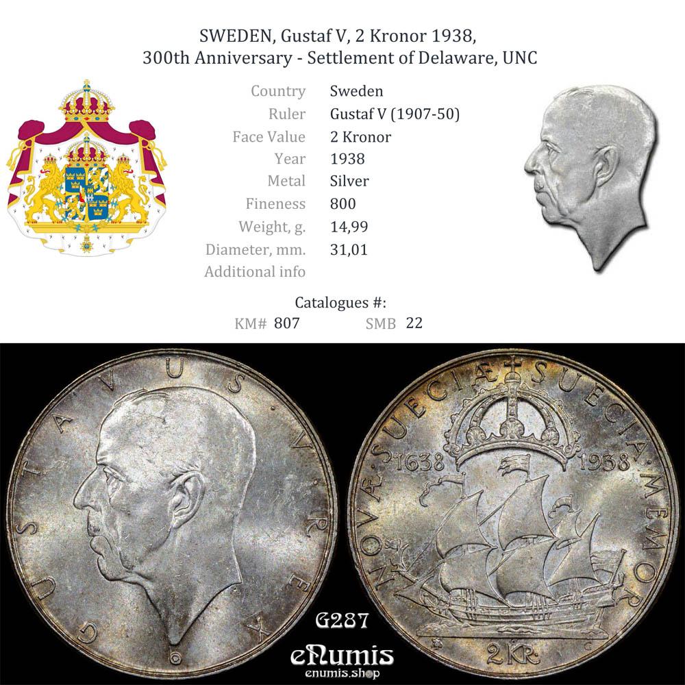 SWEDEN, Gustaf V, 2 Kronor 1938, 300th Anniversary - Settlement of Delaware, UNC