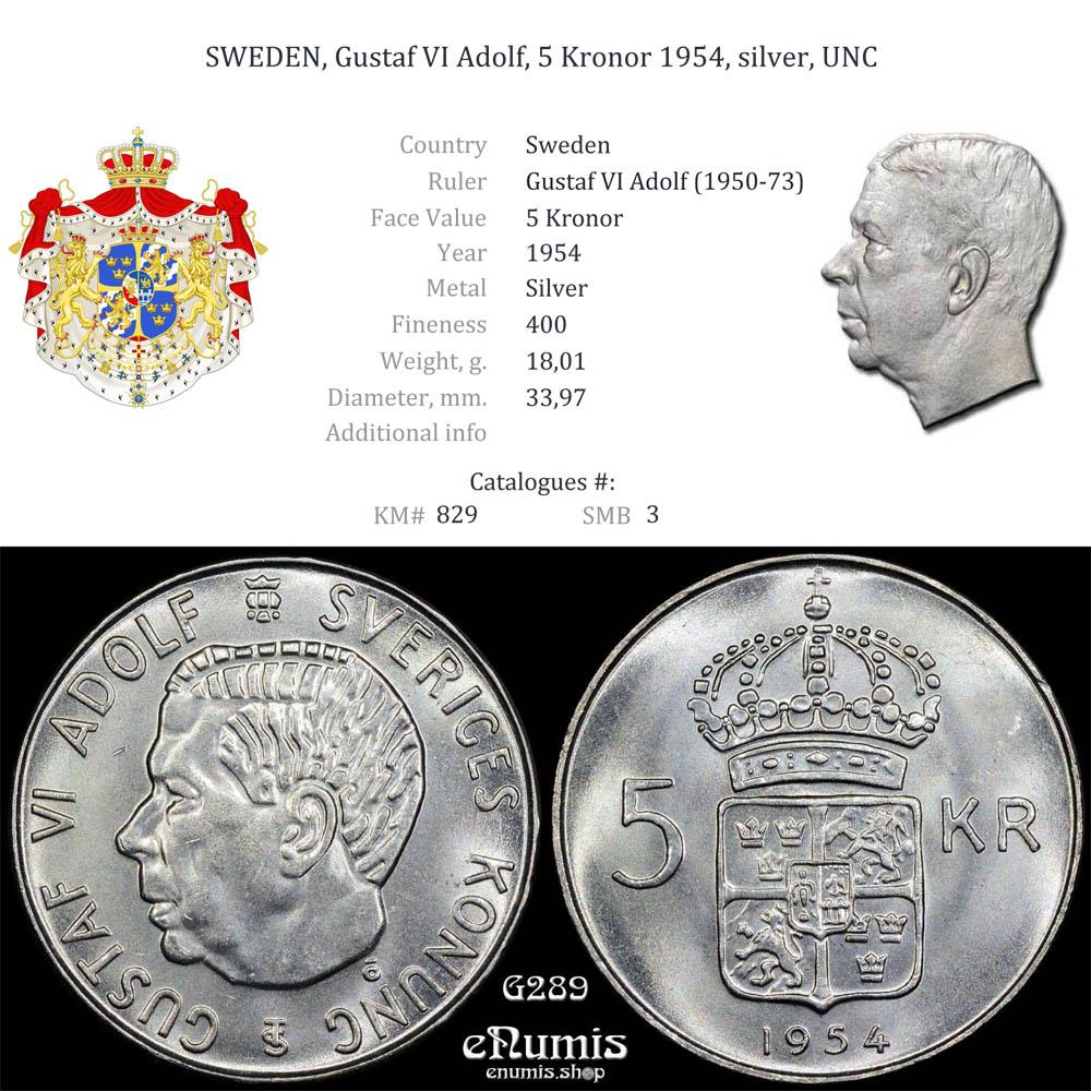 SWEDEN, Gustaf VI Adolf, 5 Kronor 1954, silver, UNC SWEDEN, Gustaf VI Adolf, 5 Kronor 1954, silver, UNC