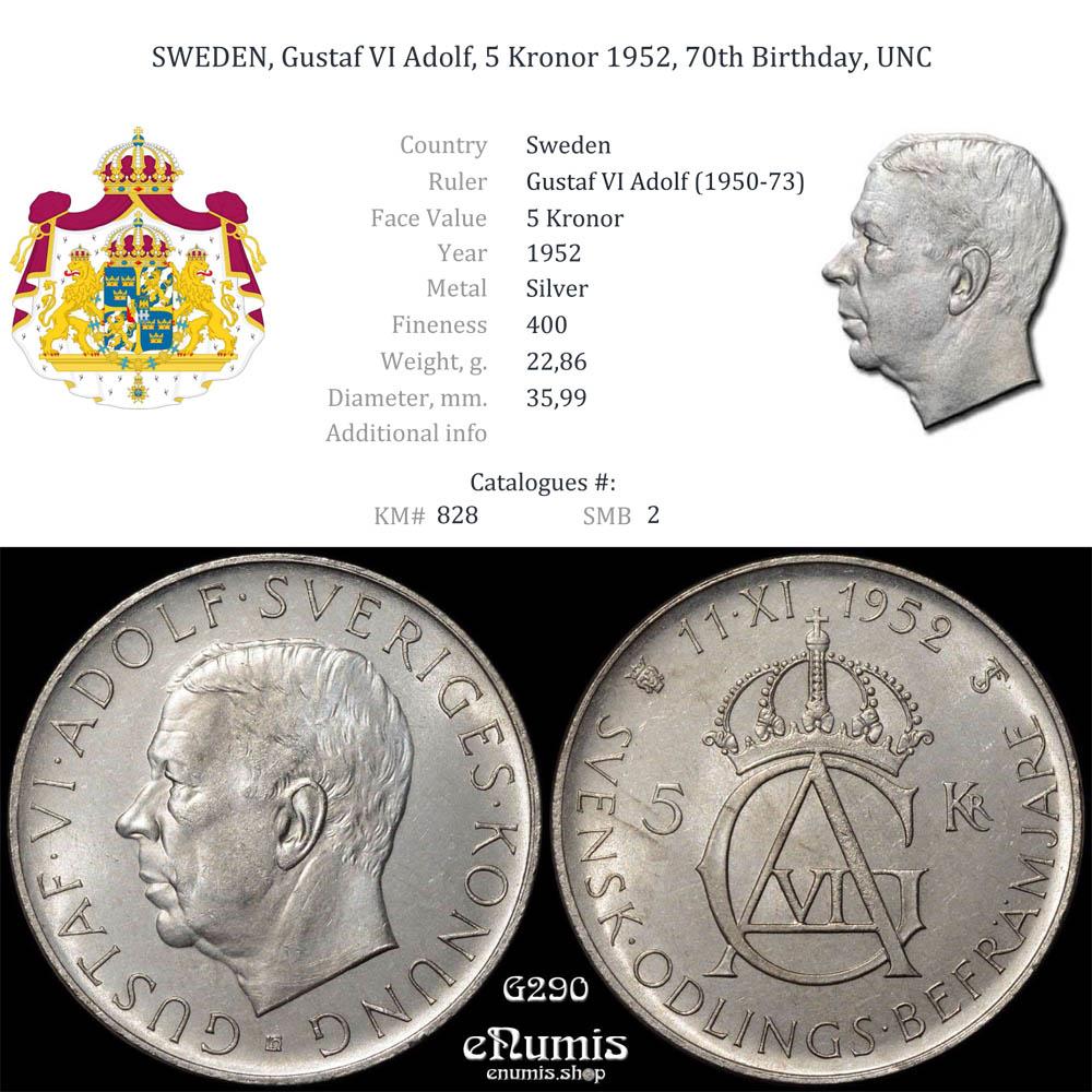 SWEDEN, Gustaf VI Adolf, 5 Kronor 1952, 70th Birthday, UNC