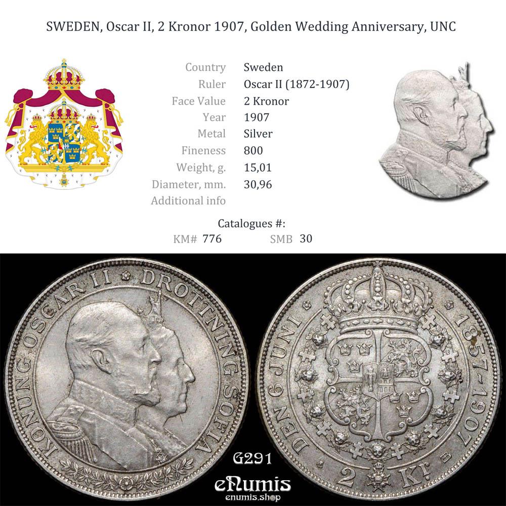 SWEDEN, Oscar II, 2 Kronor 1907, Golden Wedding Anniversary, UNC SWEDEN, Oscar II, 2 Kronor 1907, Golden Wedding Anniversary, UNC